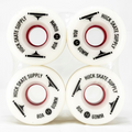 Four white skateboard wheels with black text on a white background