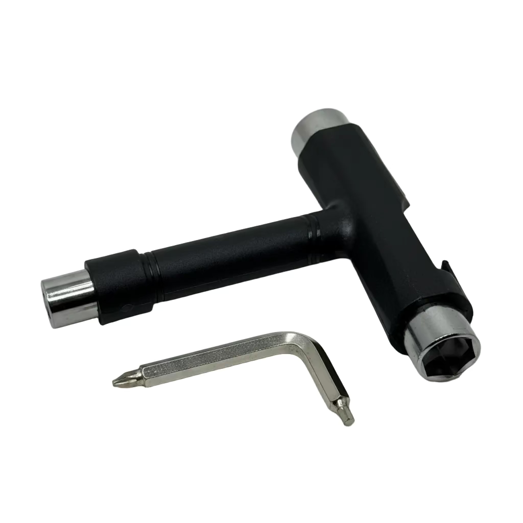 Black multi-tool with additional bits on a white background