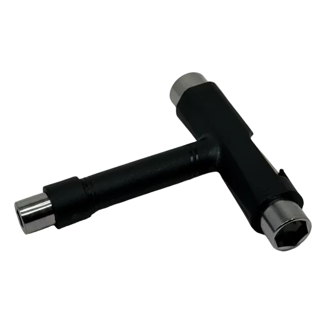 Black and silver T-shaped tool on a white background