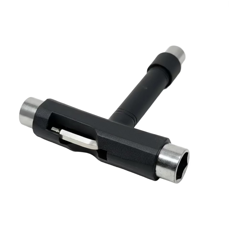 Black and silver T-shaped tool on a light gray background