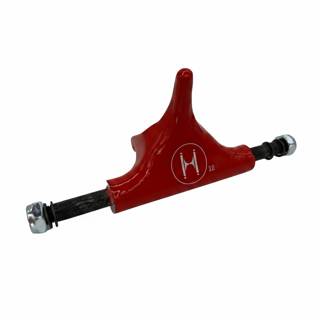 Red metal truck component with a logo on a white background