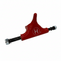 Red metal truck component with a logo on a white background